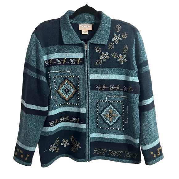 TanJay Petite Teal Navy Floral Embroidered Zip Up Cardigan Women's Size Medium - Picture 1 of 6